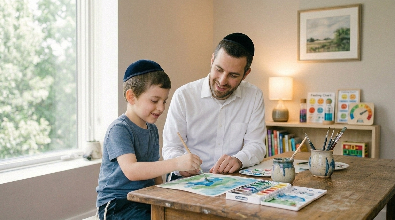 Boy painting with therapist