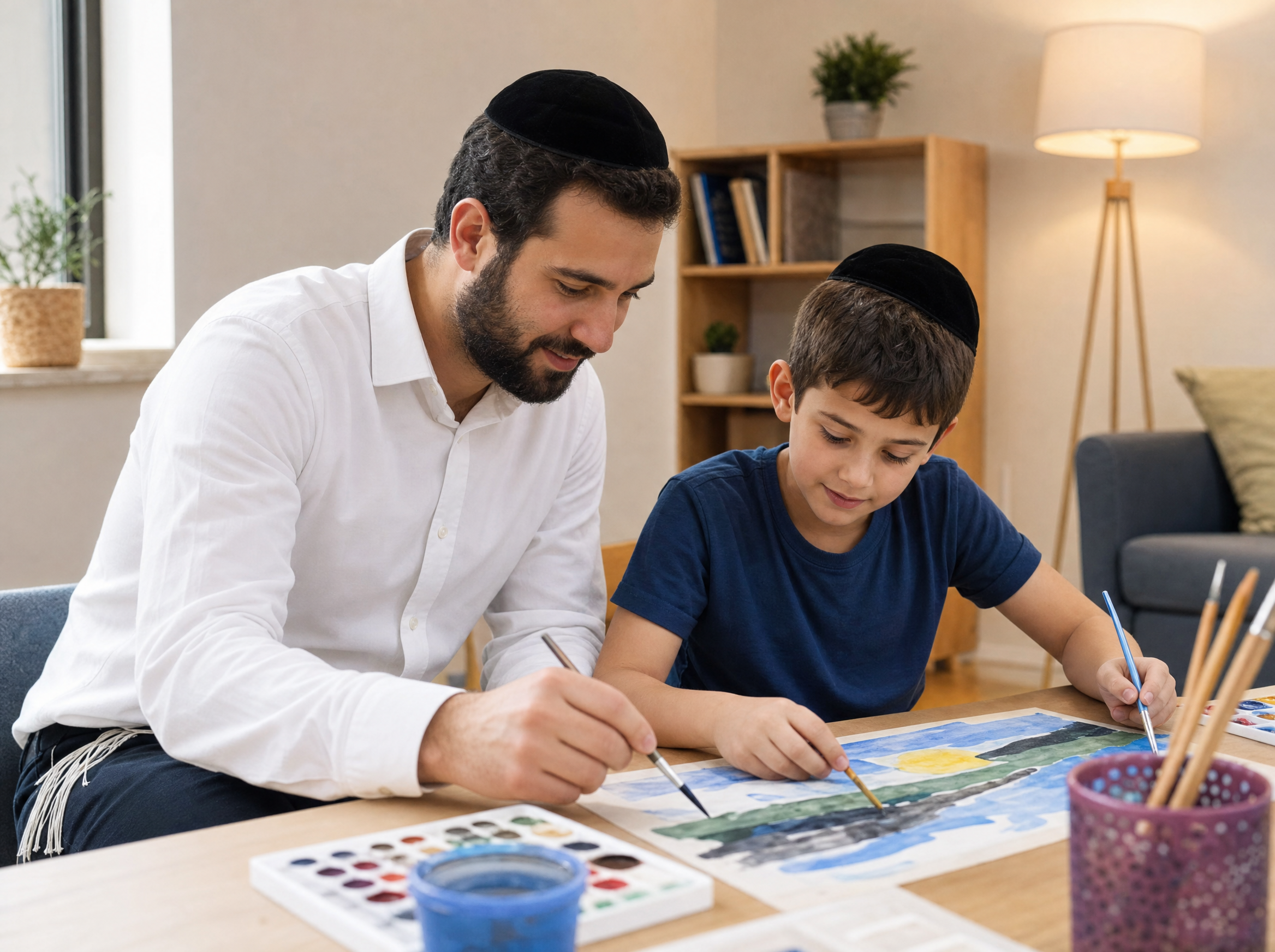 Man and boy painting